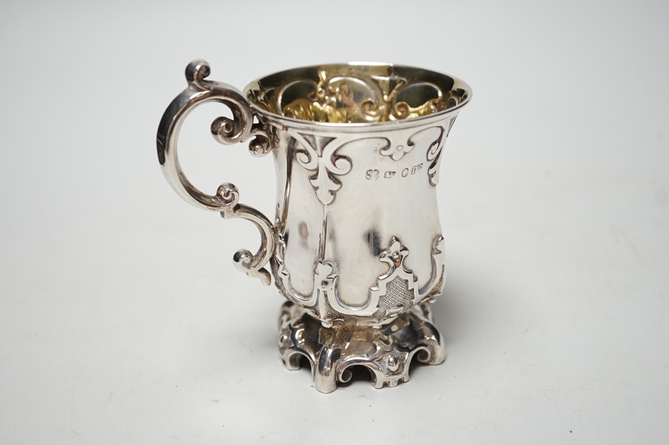 A Victorian silver gothic style christening mug, Henry Wilkinson & Co, Sheffield, 1847, height, 11.3cm, 4.3 oz.